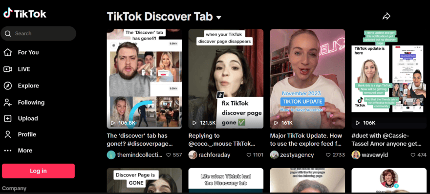 TikTok's Discover page on desktop