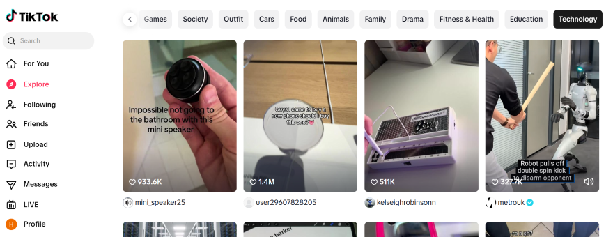 The TikTok "Explore feed" showcasing trending TikToks in the technology category