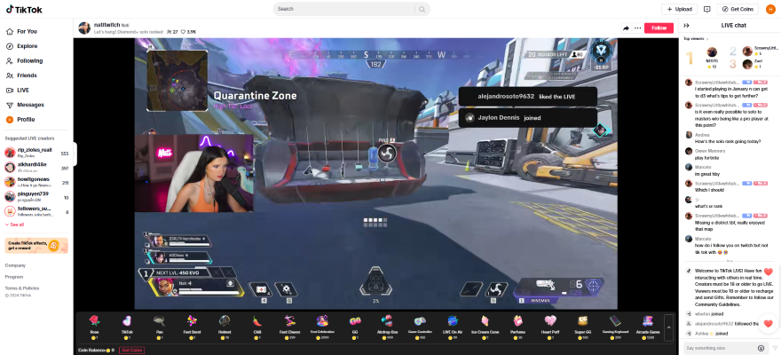 Screenshot of a streamer on TikTok live playing a game alongside commenters