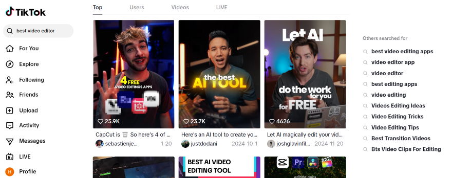 A list of TikTok video results and an "Others also searched" list