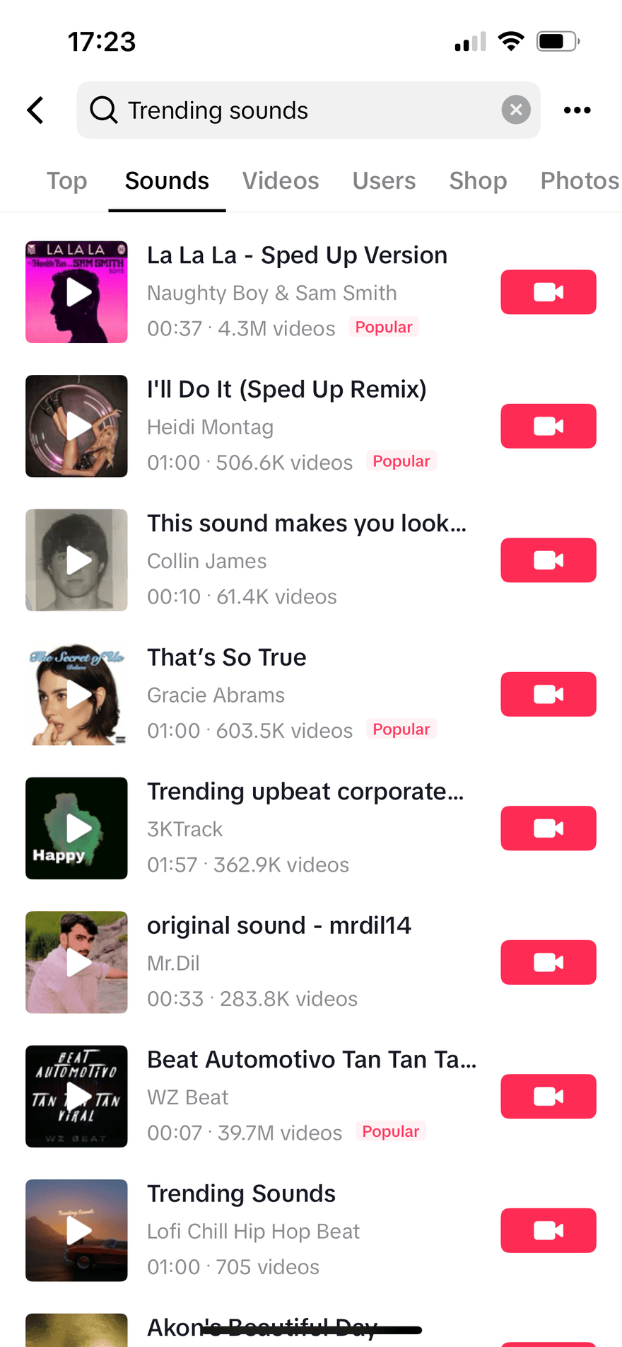 Sound search result on TikTok app for the term "trending sounds"