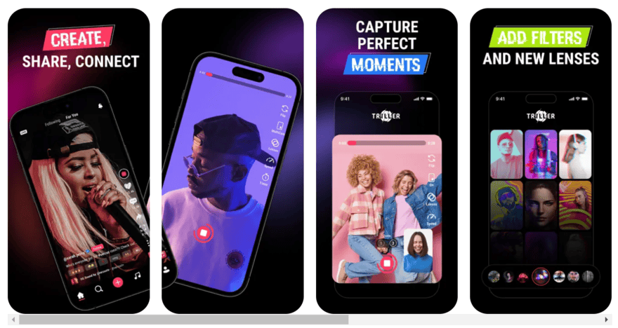 Promotional shots of Triller on mobiles showing the app's features and interface