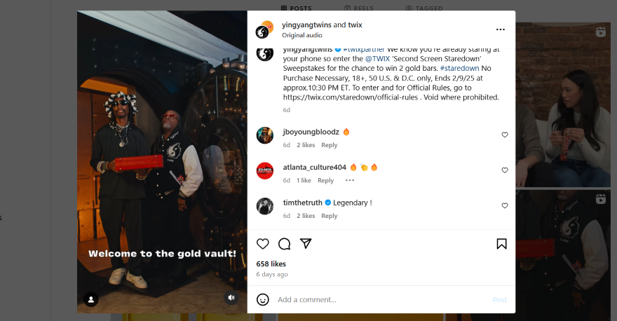 Screenshot of a Twix Instagram post promoting the staredown featuring the Ying Yang Twins