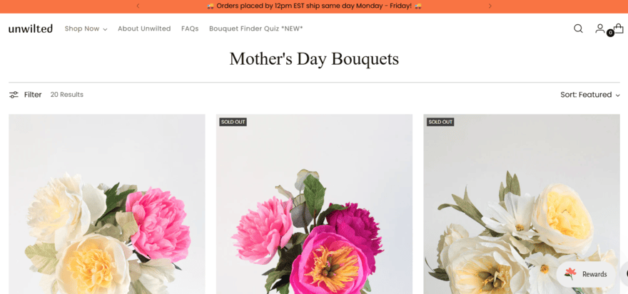 Category page on Unwilted store showing mother's day bouquets