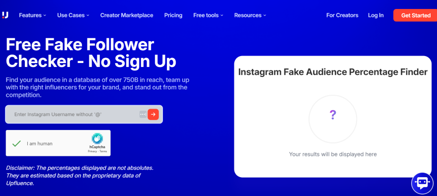 Screenshot of a fake follower checker tool on Upfluence