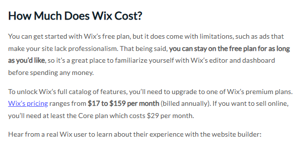 Content from Website Builder Expert's Wix pricing page to highlight an anchor text example