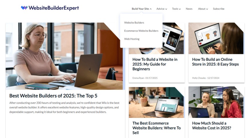 Website Builder Expert's homepage showing the navigation bar in the top right