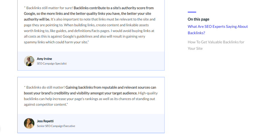 Screenshot of a wbe page with expert quote boxes on screen