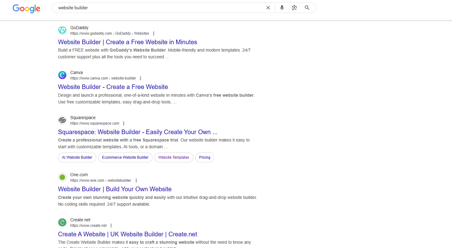 Screenshot of Google search results with results for different website builder brands