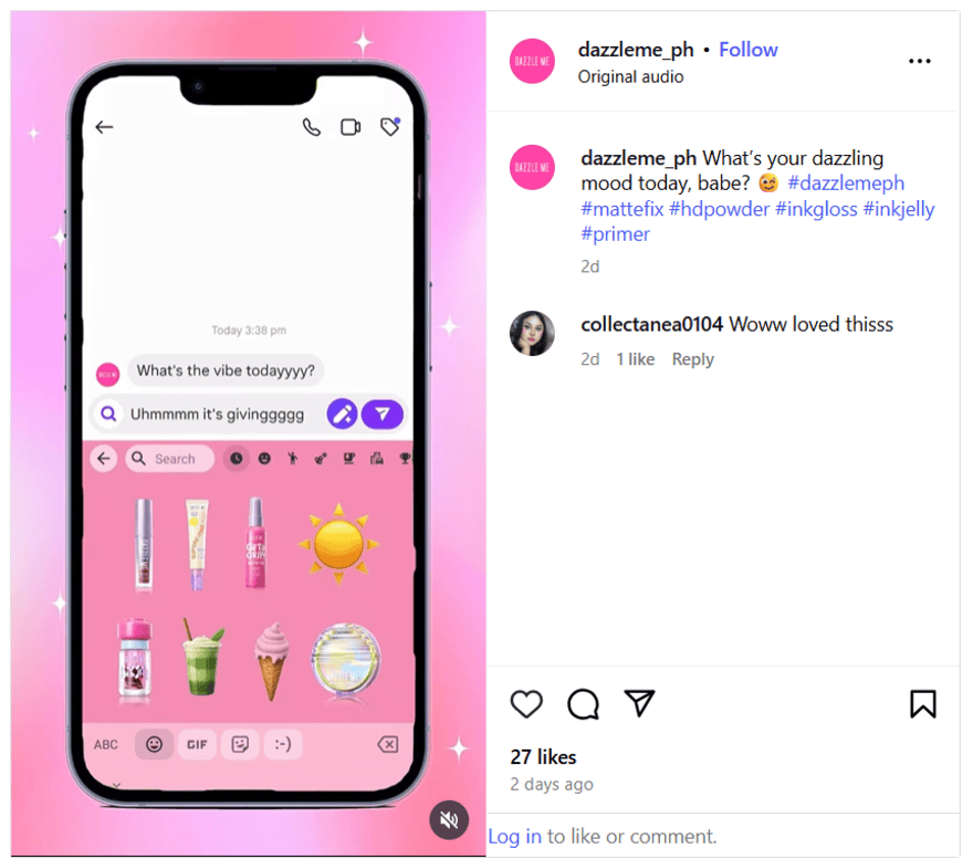 A smartphone displays a cheerful chat interface with vibrant emojis and themed icons against a pink background, inviting user interaction