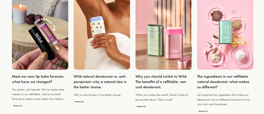 Screenshot of Wild's Blog page with four blog posts and photos