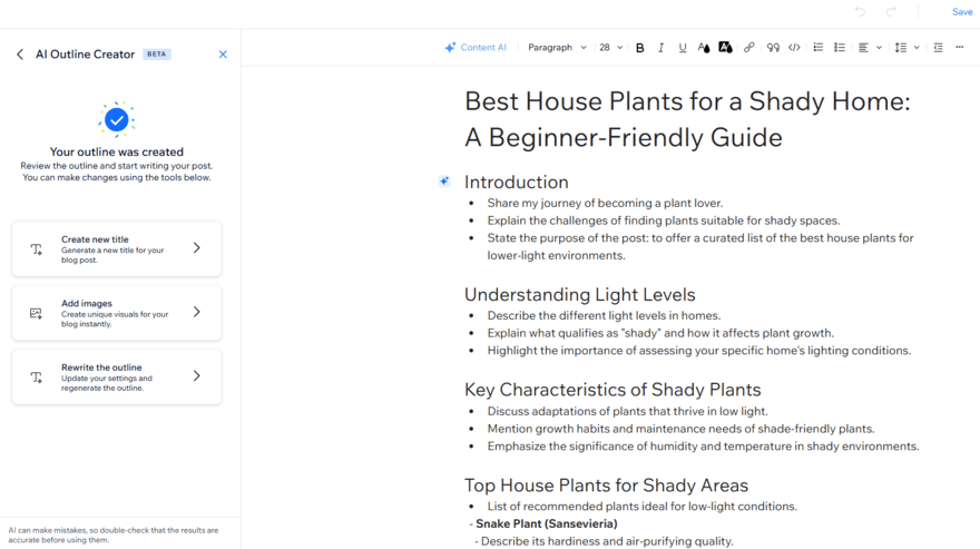 Wix AI blog outline creator result for a house plant guide