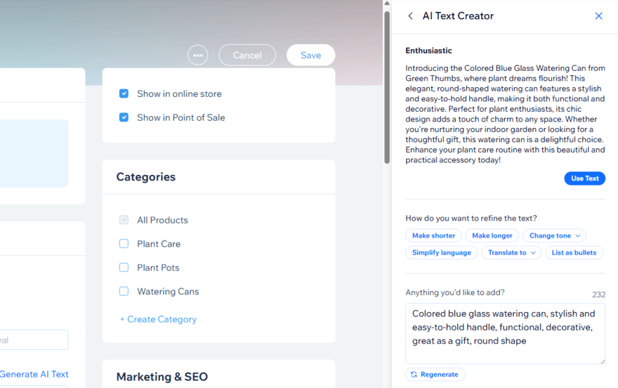 Wix AI text creator showing refinement options for a product description