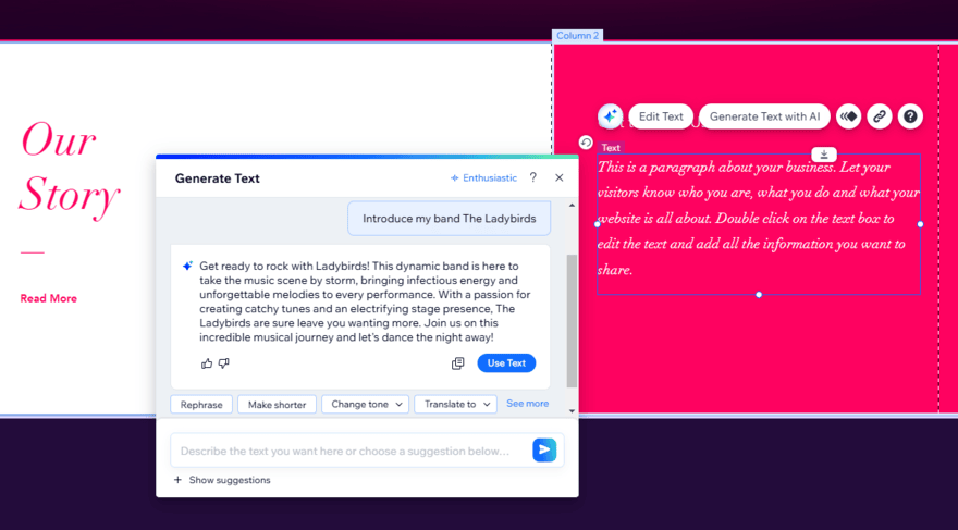 Wix's AI Text Creator in the website editor