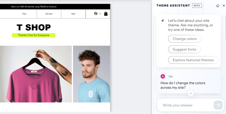 Wix's AI Theme Assistant offering support for designing my test site