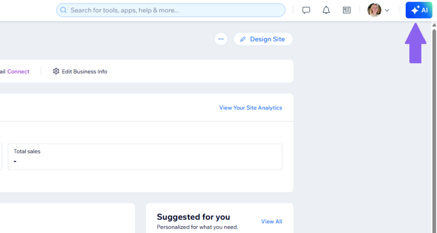 Purple arrow pointing to the AI button in the top navigation bar of the Wix dashboard