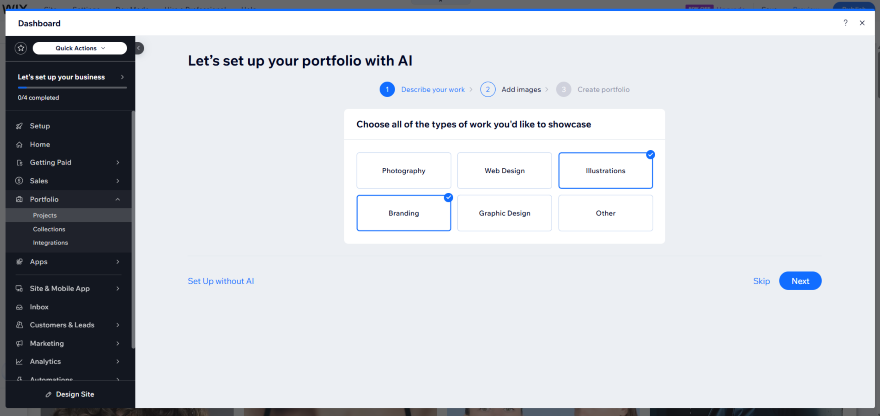 Dashboard interface for setting up a portfolio with options for various work types including photography and graphic design.