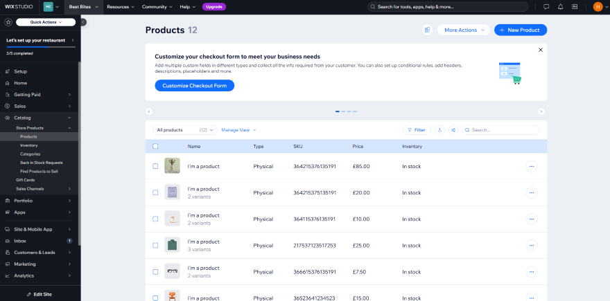 Screenshot of a Wix Stores tab on the website builder showcasing uploaded products