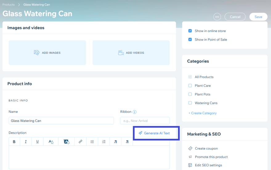 Wix product page form with a box highlighting the "Generate AI text" button for product descriptions