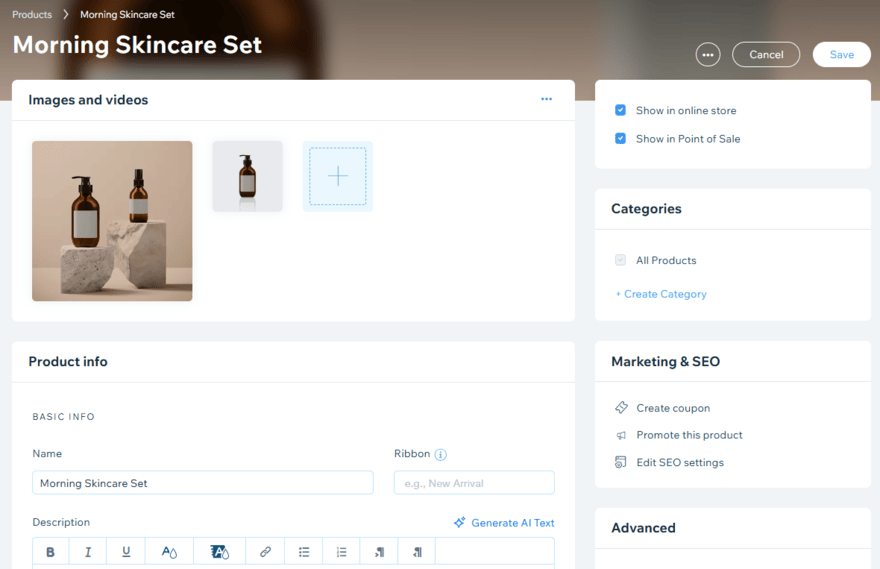 Product page settings in Wix