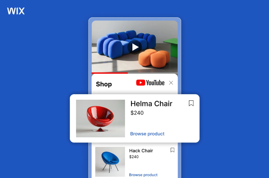 Screenshot of a Wix graphic showcasing merchant products tagged to a YouTube video