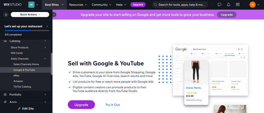 Screenshot of Wix's dashboard on the "Google & YouTube" page for ecommerce integration