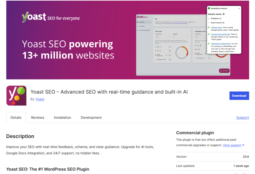 WordPress Yoast SEO plugin installation page