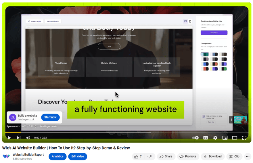 YouTube ad for Hostinger's website builder in a Website Builder Expert video
