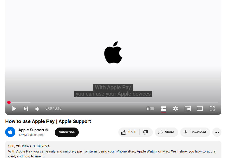 Screenshot of an Apple video with the keyword "Apple Pay" in the title, description, and captions