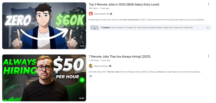 A screenshot of two video thumbnails alongside their title and captions