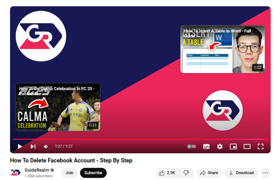 A screenshot of an end screen on a YouTube video from GuideRealm linking to other videos