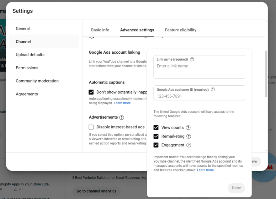 Account settings in YouTube Studio to link with Google Ads