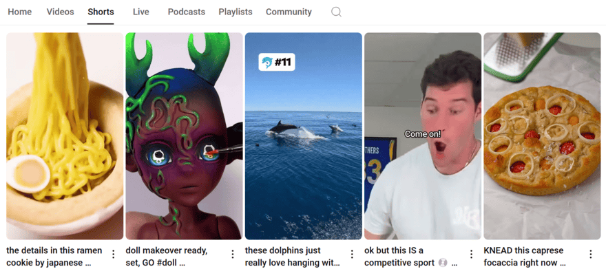 YouTube Shorts view on the YouTube feed showing five different Shorts videos