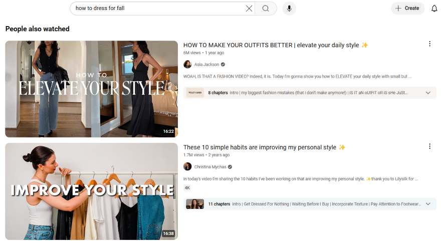 Screenshot of two thumbnails on YouTube on how to dress well