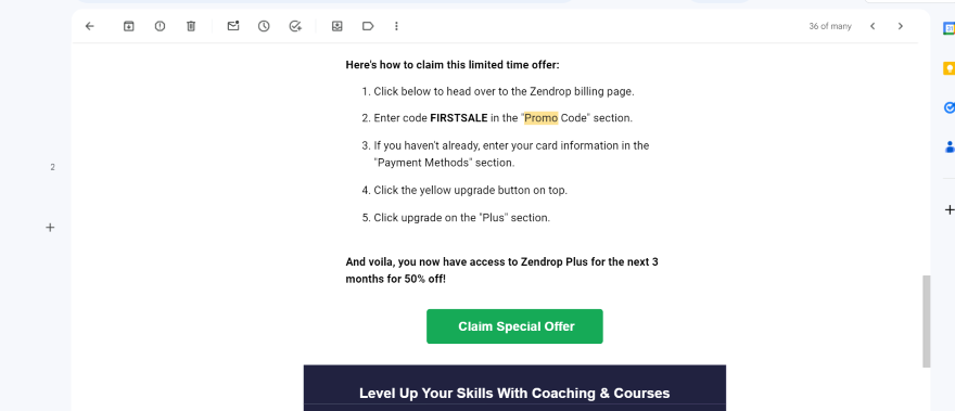Screenshot of a marketing email featuring an exclusive promo code