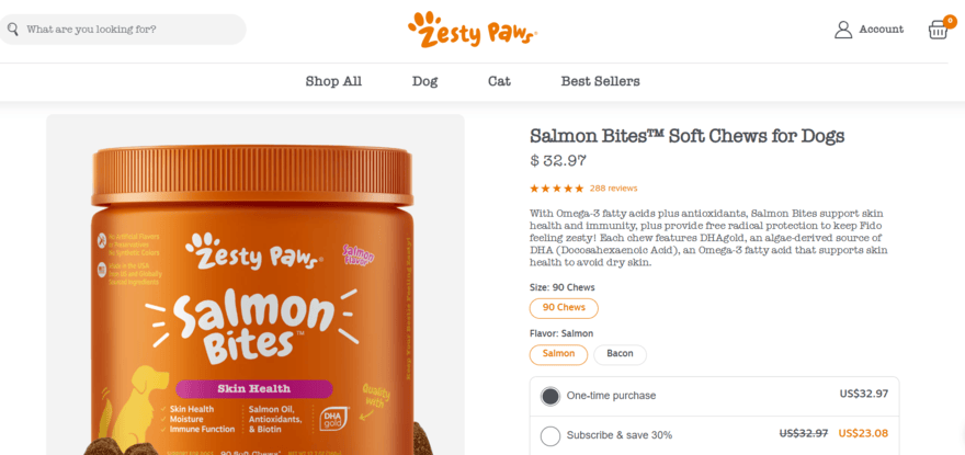 Zesty Paws product page for salmon bites